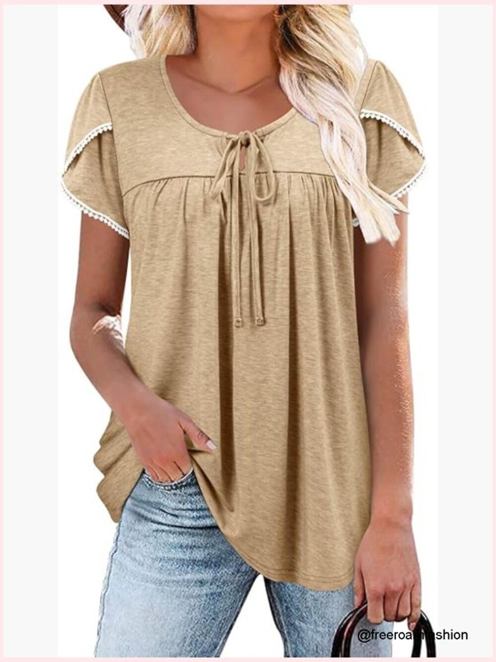 Short Sleeve Tunic Top with Pleated Crewneck and Ruffle Detail S-3XL